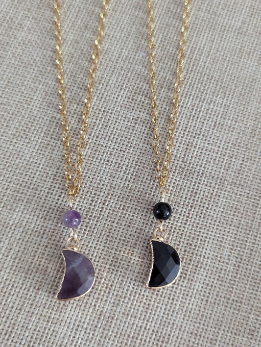 Gemstone Crescent Moon Gold Necklace (Various Options Available)