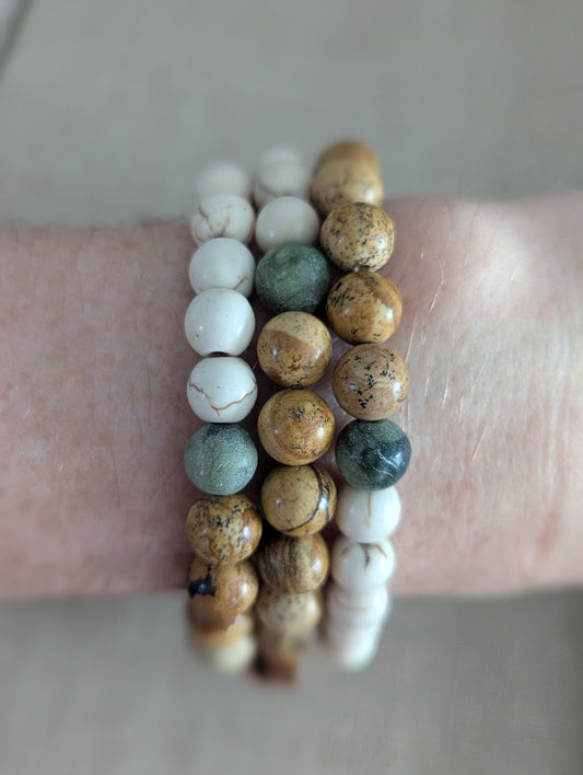 Picture Jasper, Howlite and Jade Stretch Bracelet (Various Sizes Available)