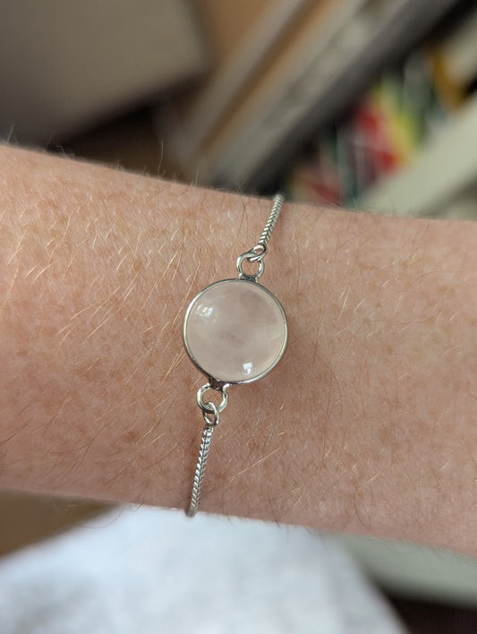 Round Rose Quartz Silver Slider Bracelet