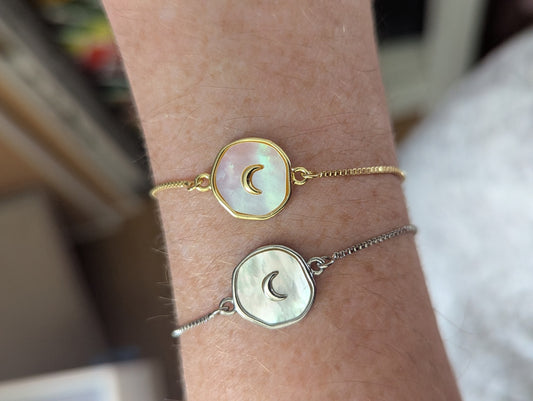 Freshwater Pearl Crescent Moon Slider Bracelet (Silver or Gold)
