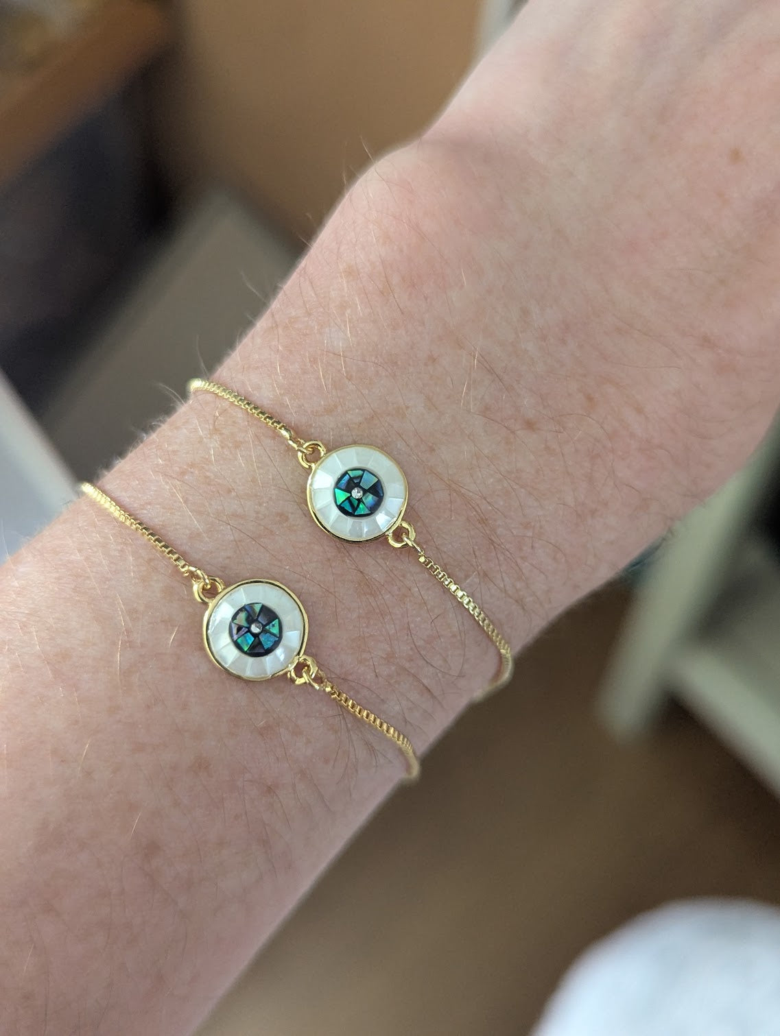 Mother of Pearl and Abalone Evil Eye Gold Slider Bracelet