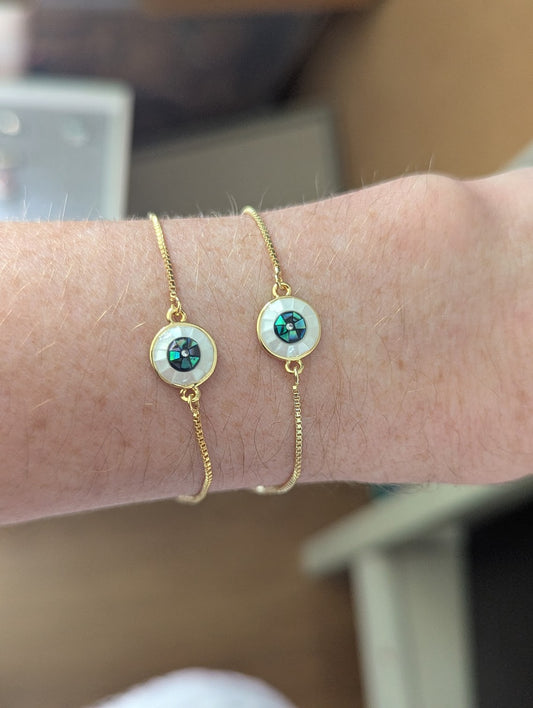 Mother of Pearl and Abalone Evil Eye Gold Slider Bracelet