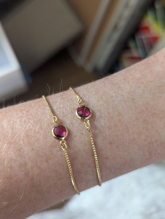 Dark Pink Small Faceted Round Gold Slider Bracelet