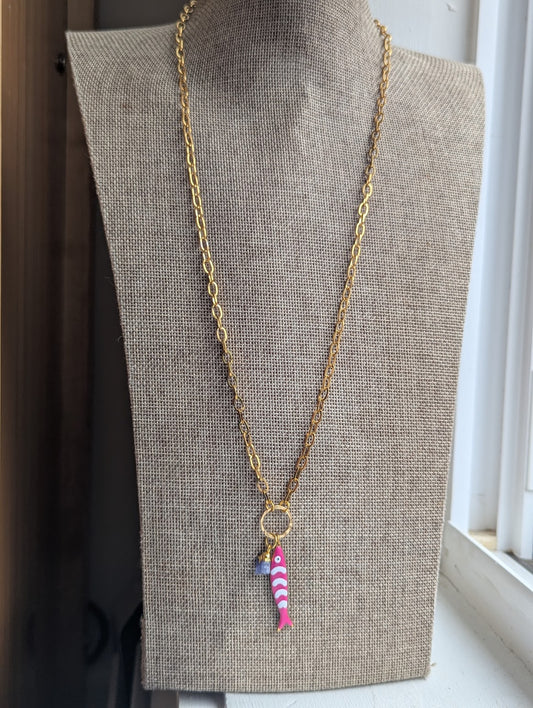 Pink Fishy Long Gold Necklace