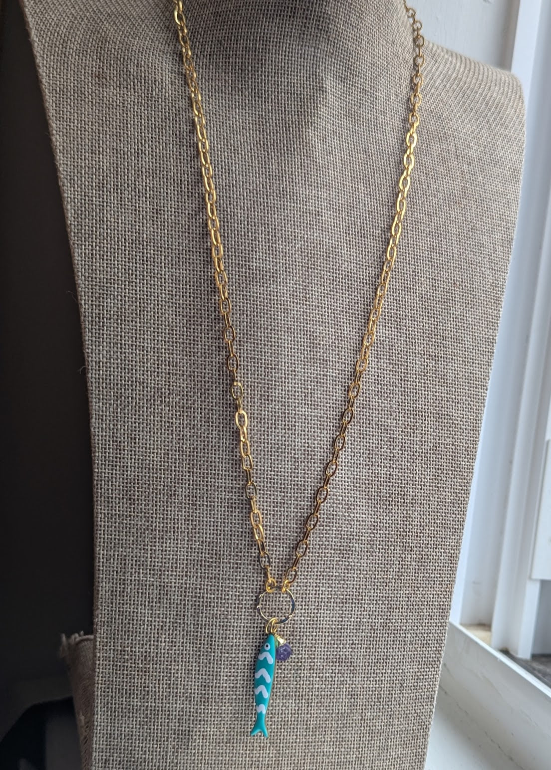 Teal Fishy Long Gold Necklace