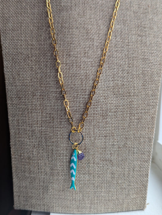 Teal Fishy Long Gold Necklace