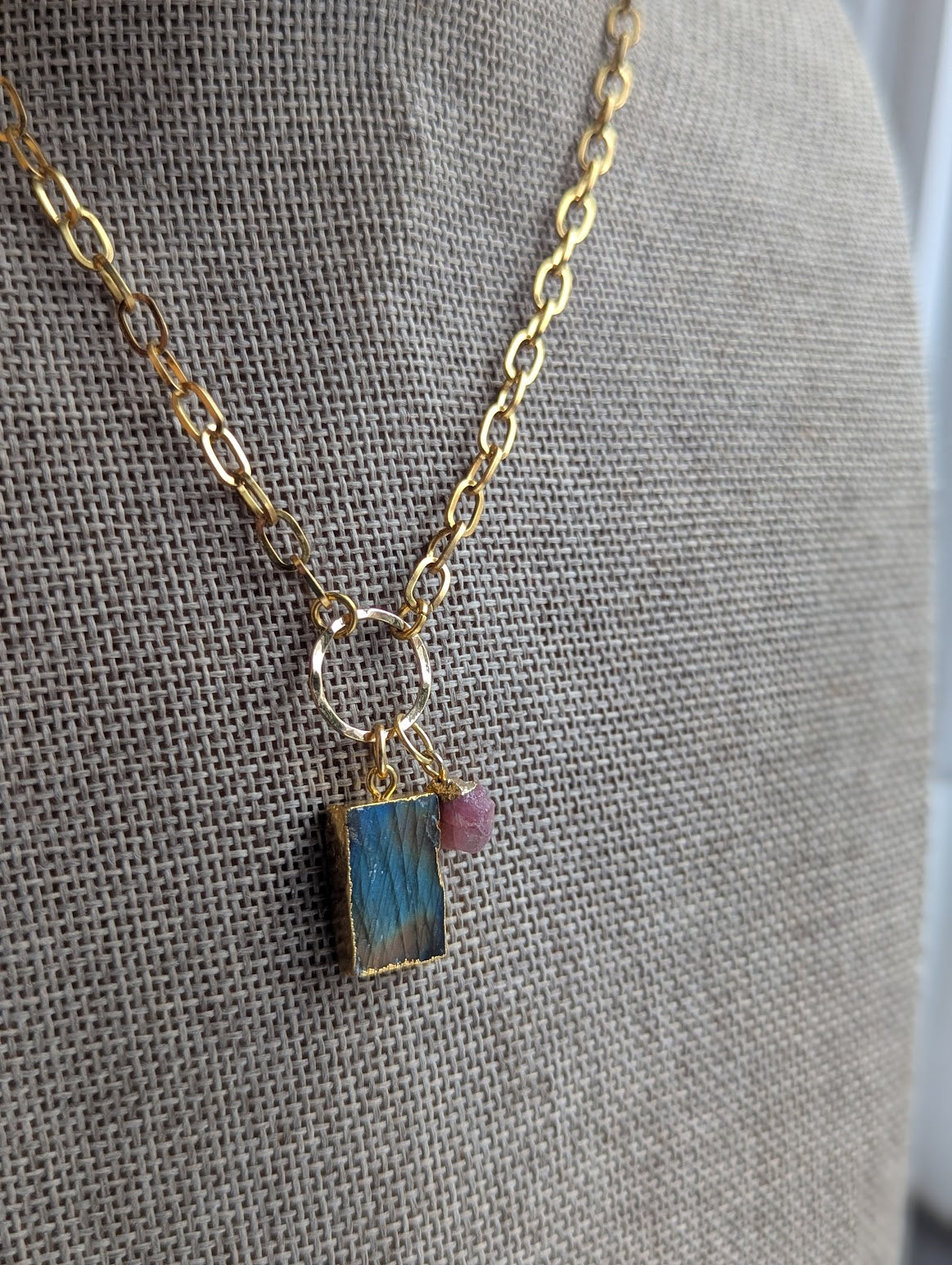 Labradorite and Pink Tourmaline Gold Necklace