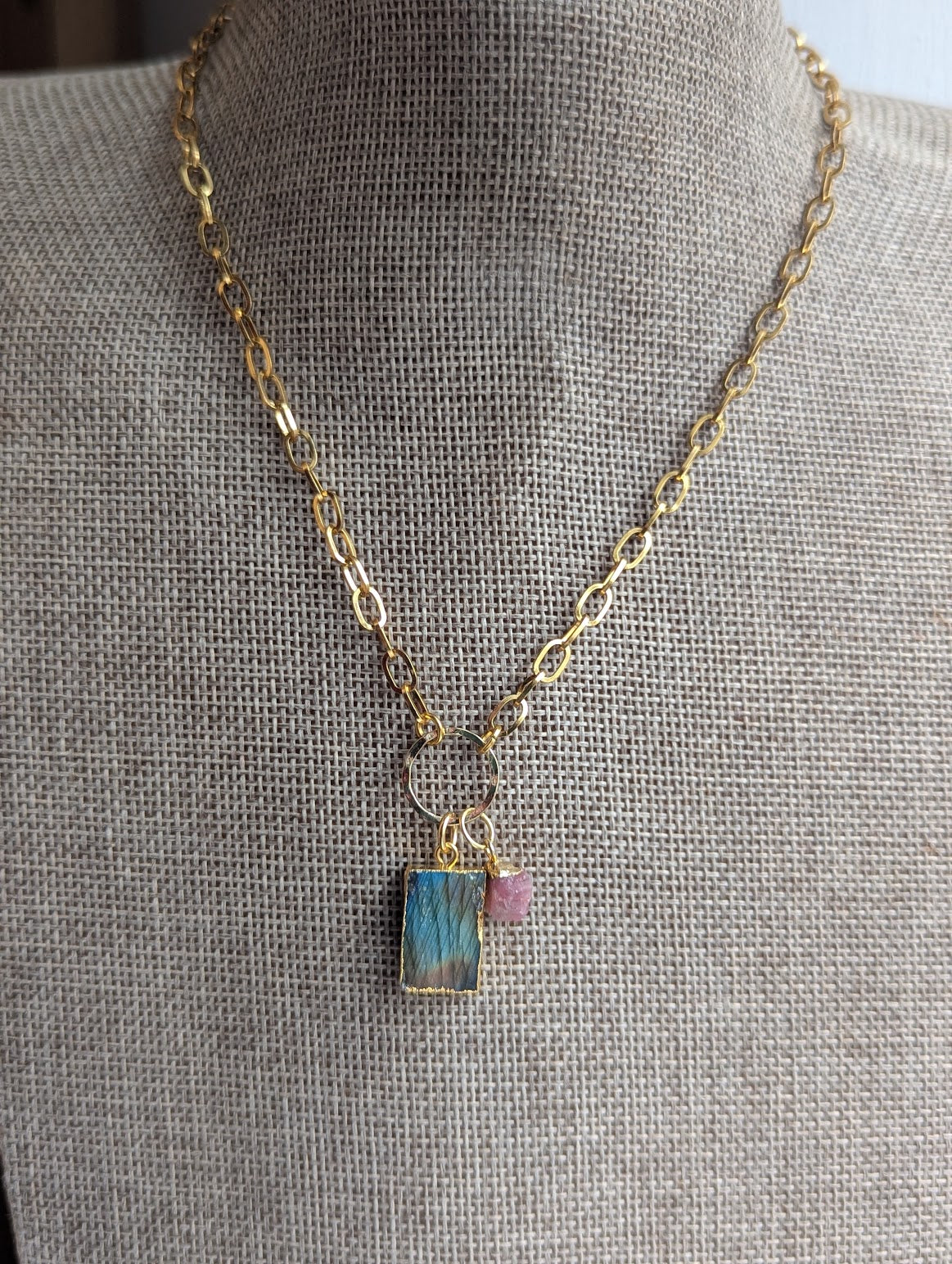 Labradorite and Pink Tourmaline Gold Necklace