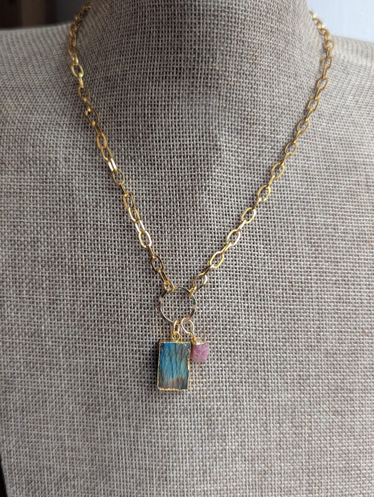 Labradorite and Pink Tourmaline Gold Necklace