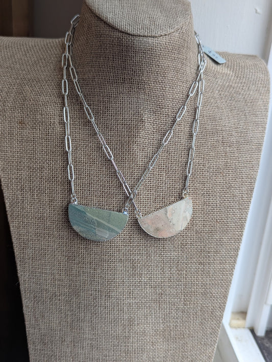 Jasper Half Moon Silver Paperclip Necklace (Various Styles Available)