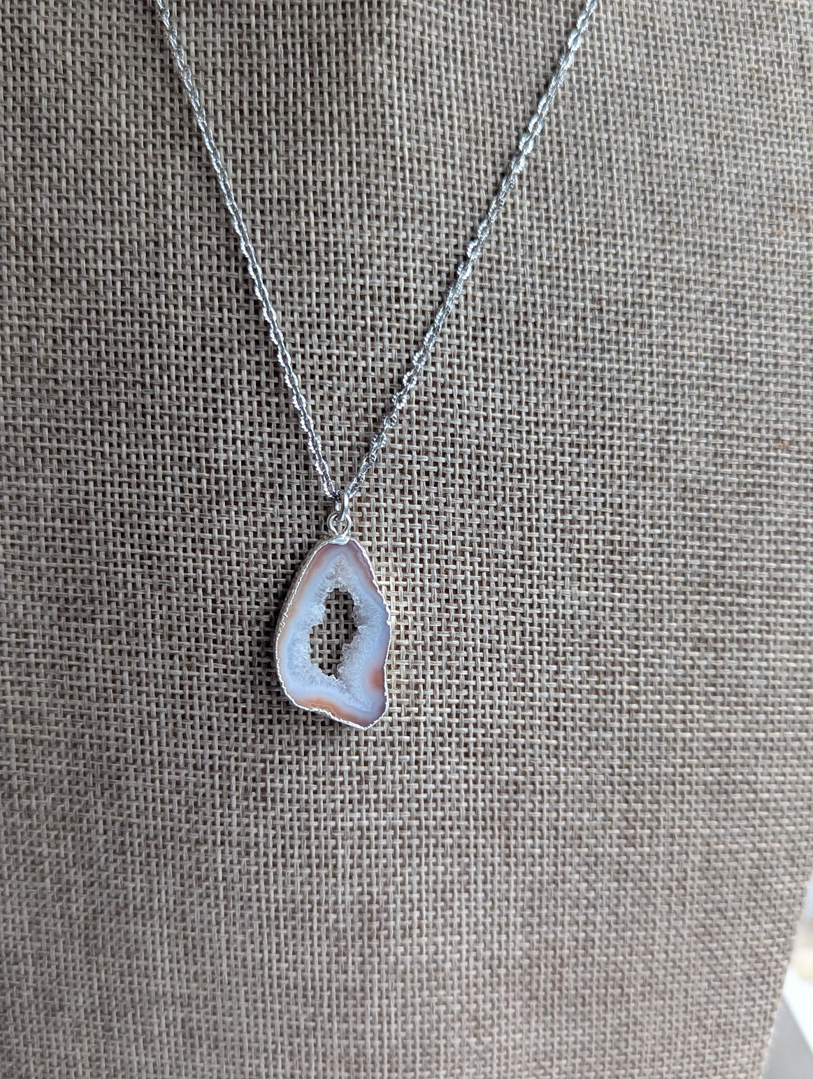 Pink Agate Druzy Silver Slice Necklace