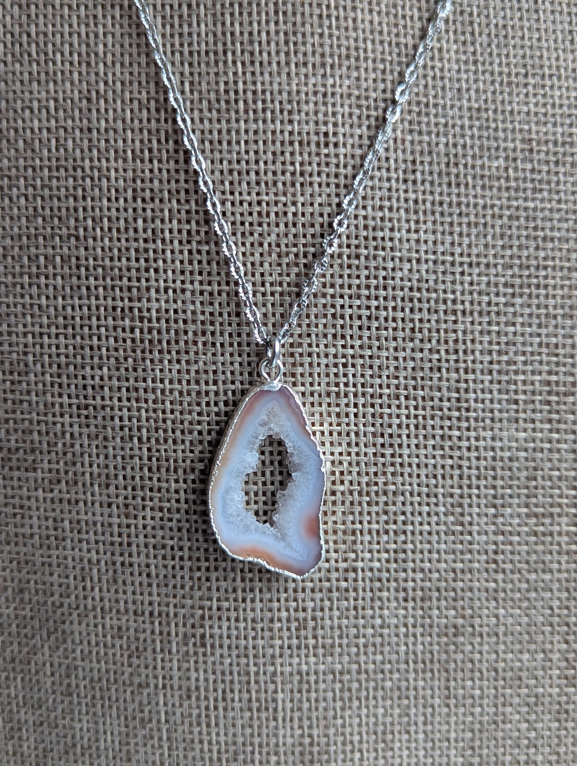 Pink Agate Druzy Silver Slice Necklace