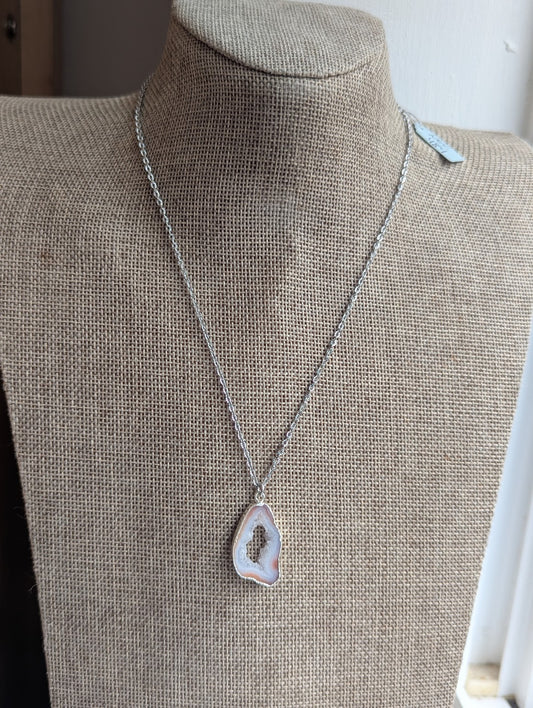 Pink Agate Druzy Silver Slice Necklace