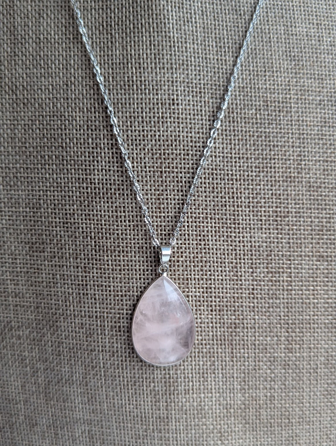 Large Rose Quartz Teardrop Silver Stainless Necklace