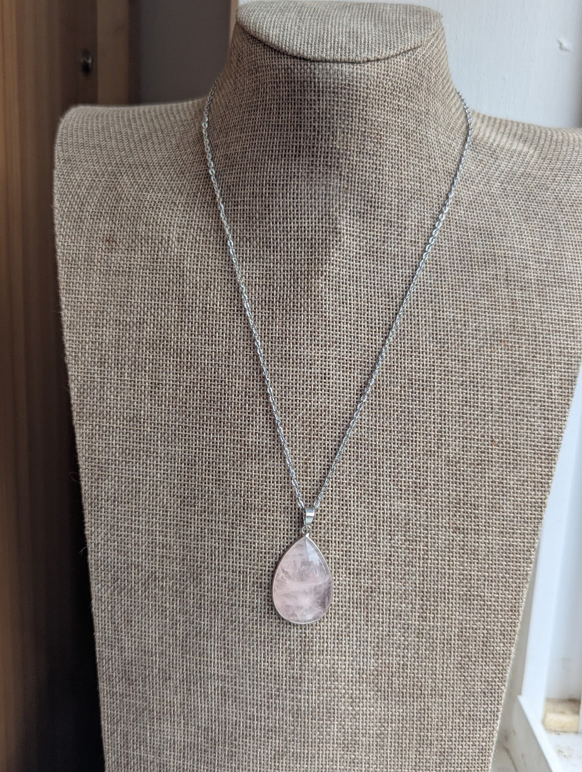 Large Rose Quartz Teardrop Silver Stainless Necklace