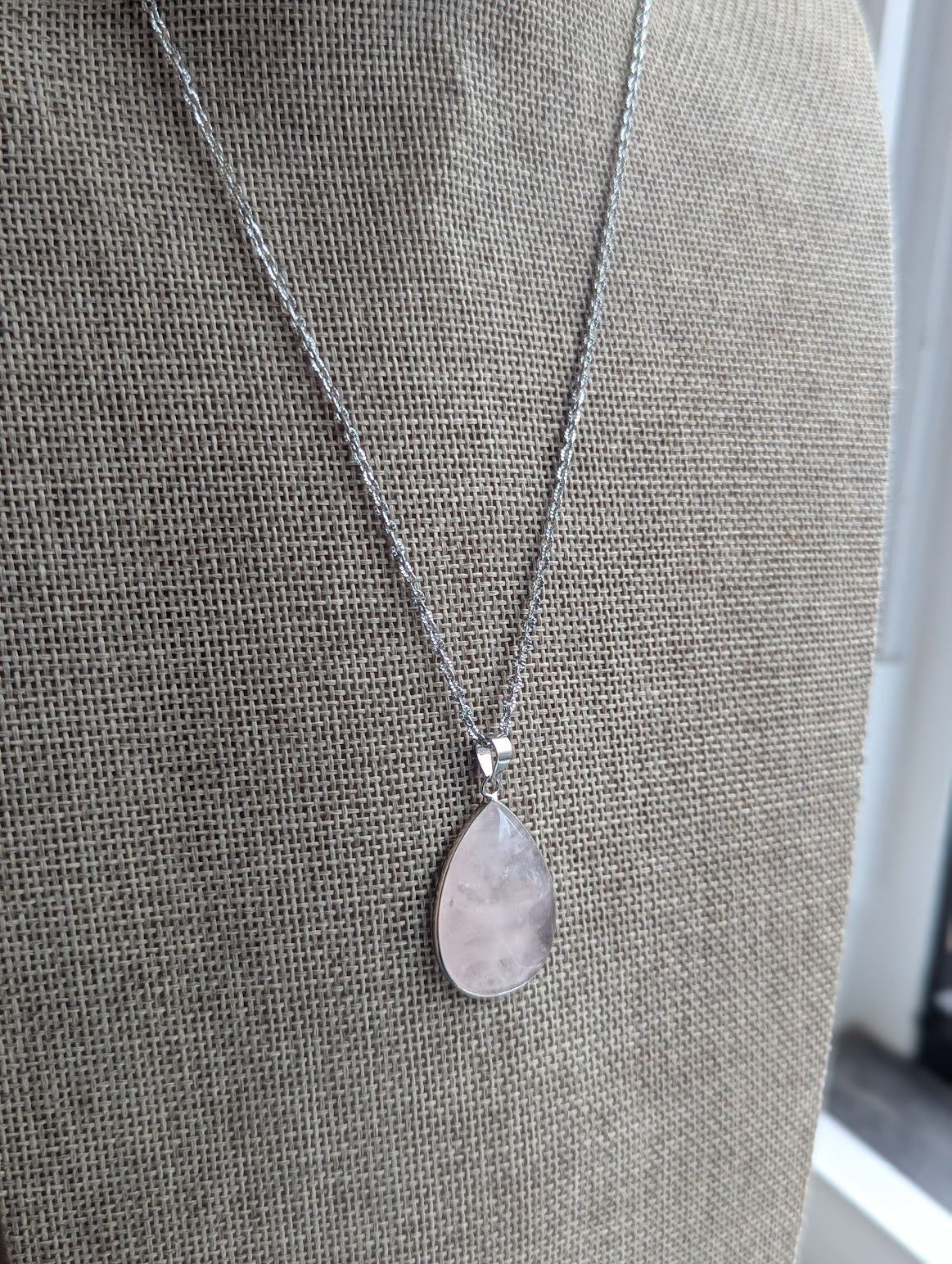 Large Rose Quartz Teardrop Silver Stainless Necklace
