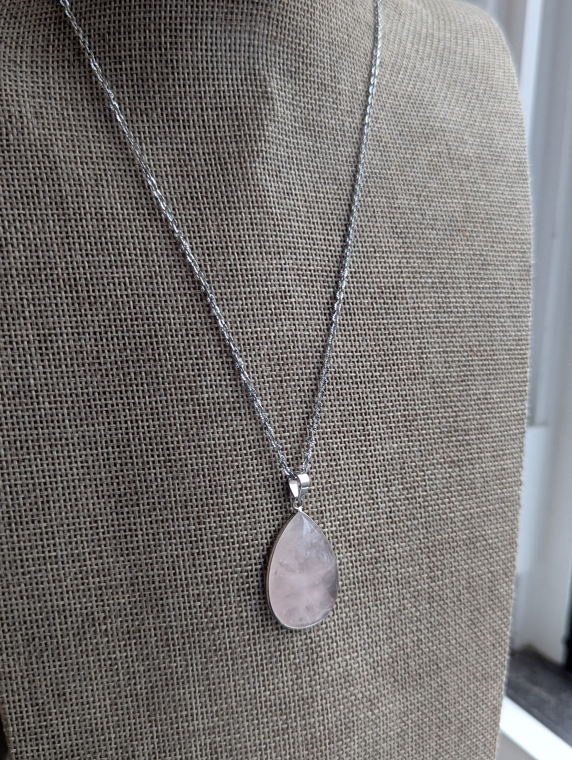 Large Rose Quartz Teardrop Silver Stainless Necklace