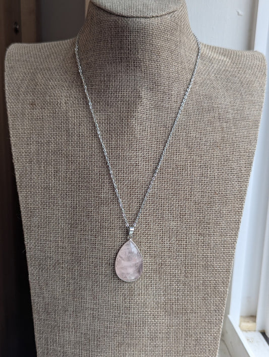 Large Rose Quartz Teardrop Silver Stainless Necklace