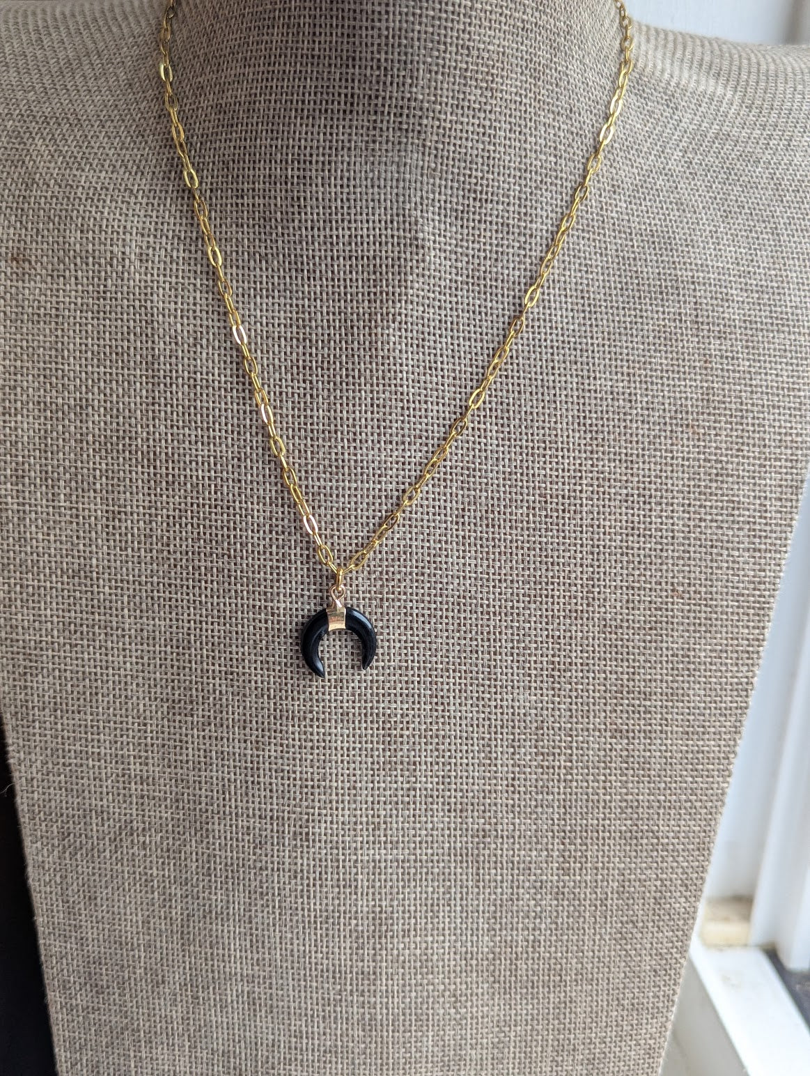 Onyx Crescent Moon Gold Paperclip Chain