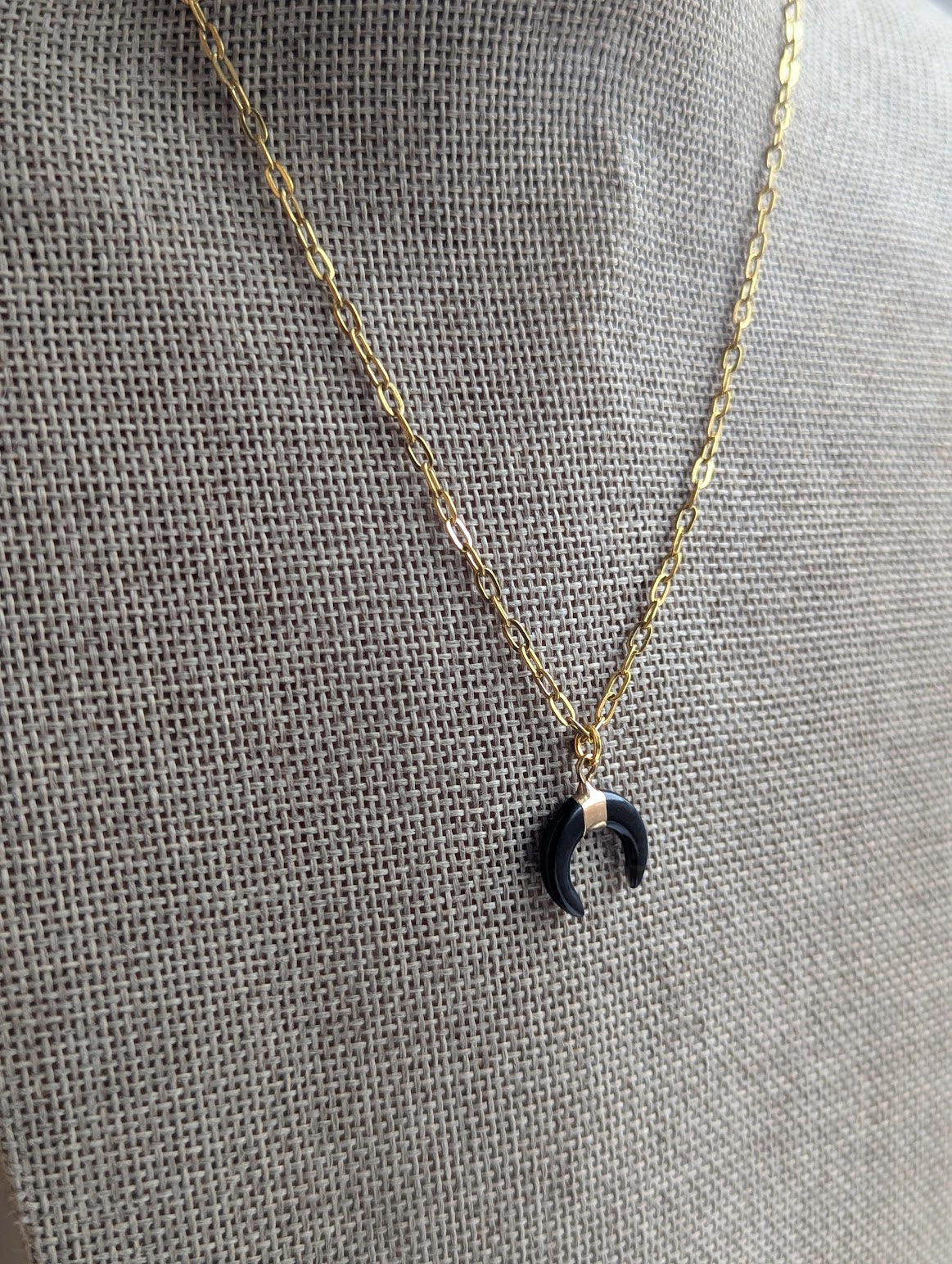 Onyx Crescent Moon Gold Paperclip Chain