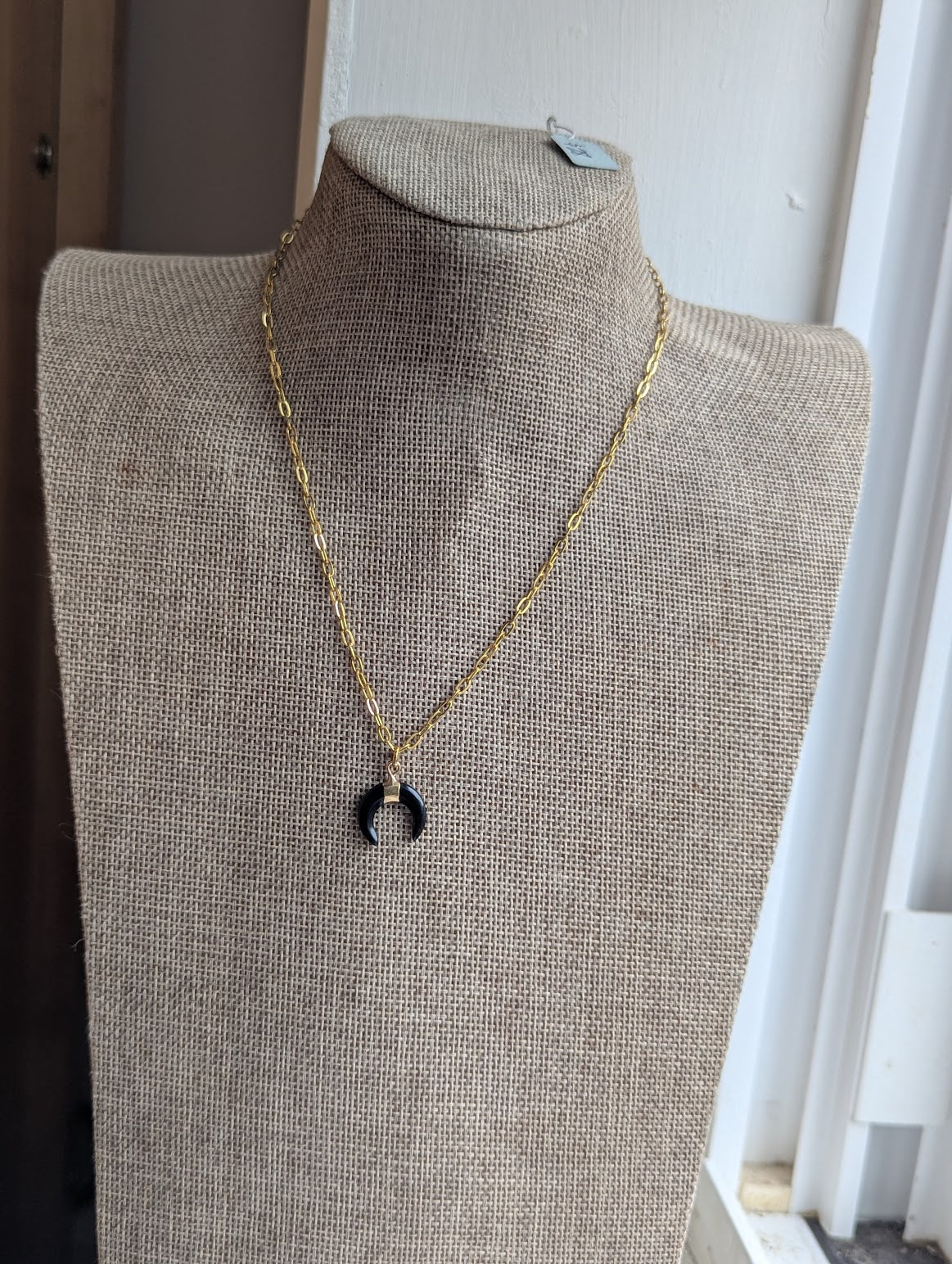 Onyx Crescent Moon Gold Paperclip Chain