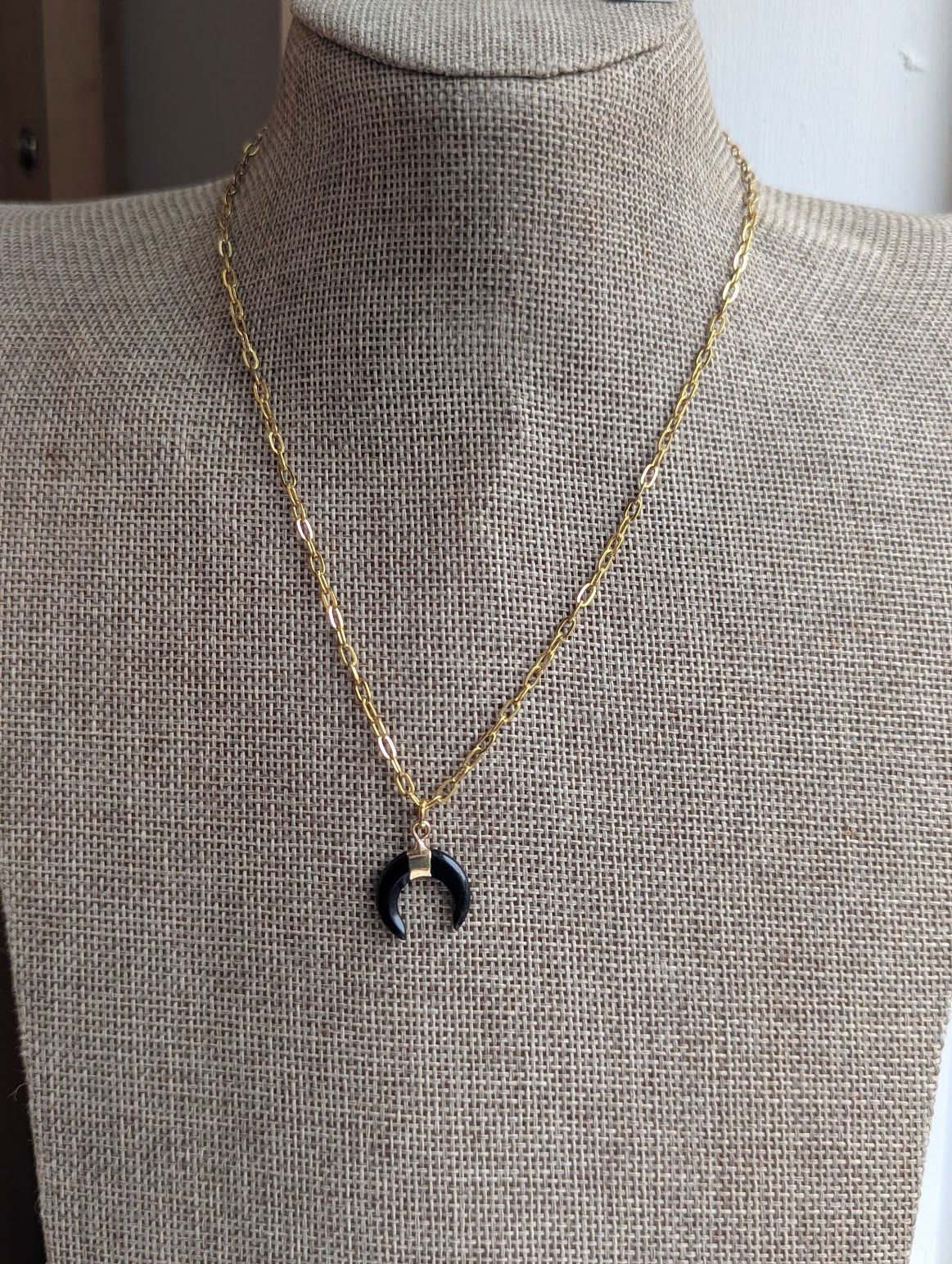 Onyx Crescent Moon Gold Paperclip Chain