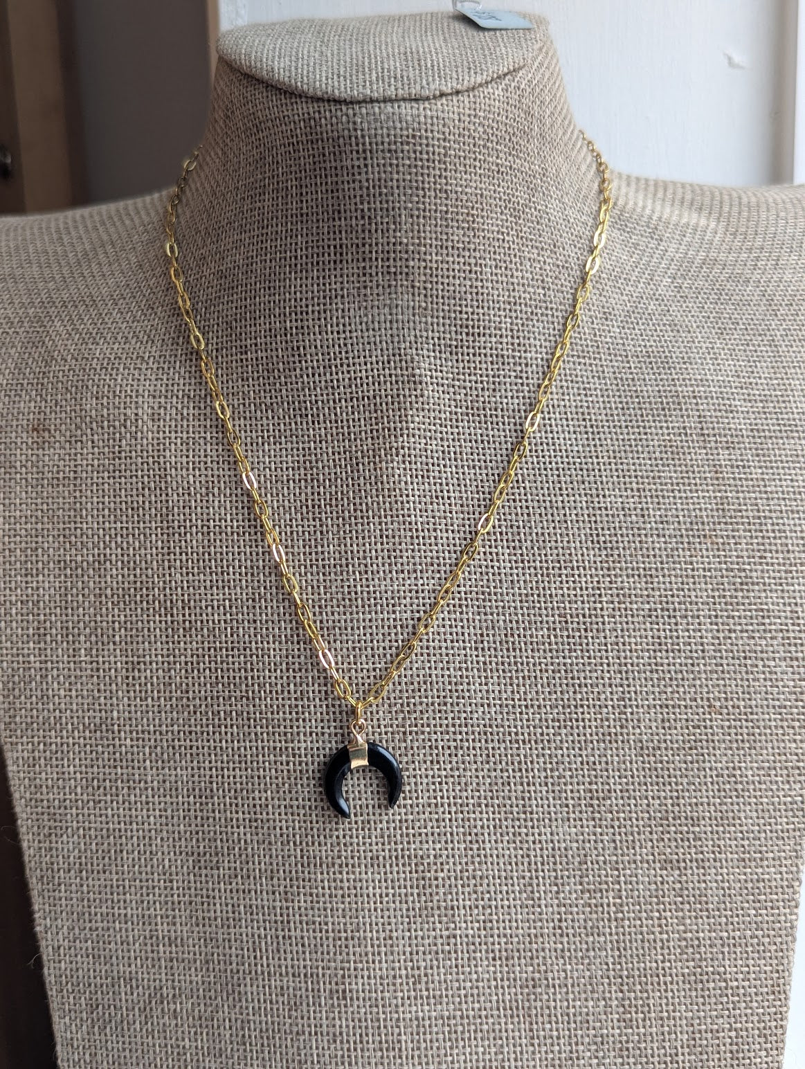 Onyx Crescent Moon Gold Paperclip Chain