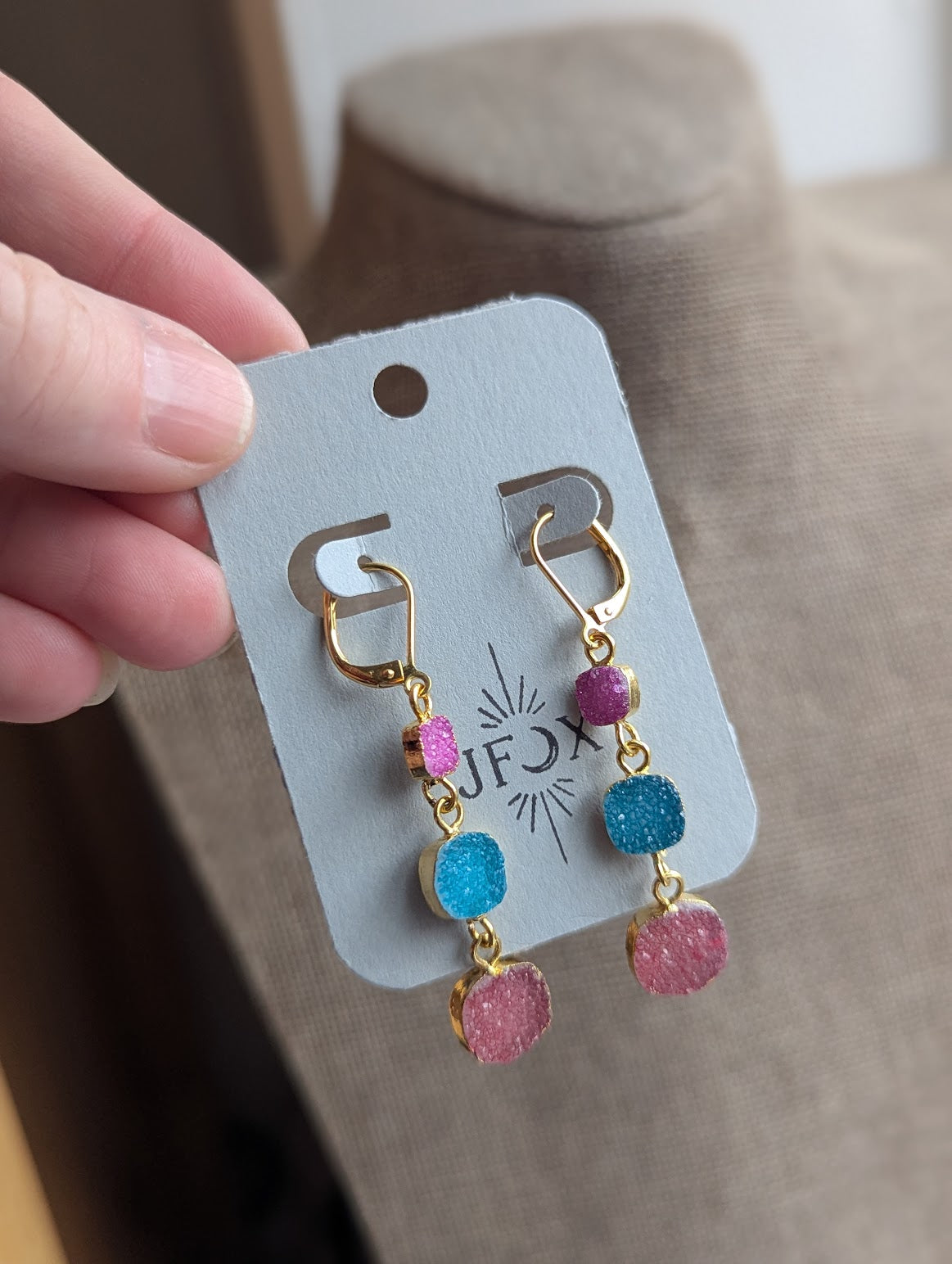 Pink, Blue, Red Druzy Trio Gold Hoop Earrings