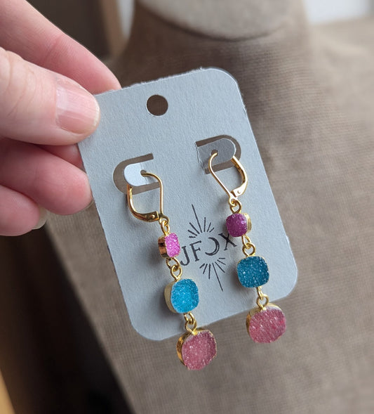 Pink, Blue, Red Druzy Trio Gold Hoop Earrings
