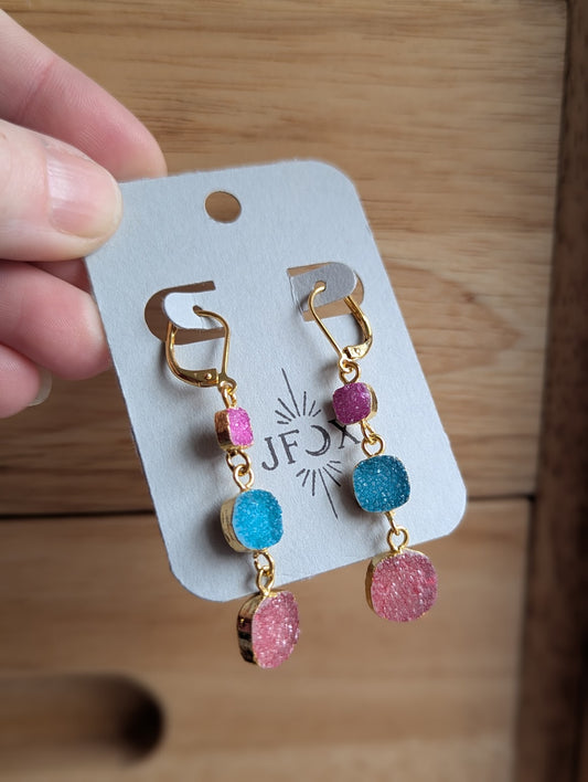 Pink, Blue, Red Druzy Trio Gold Hoop Earrings