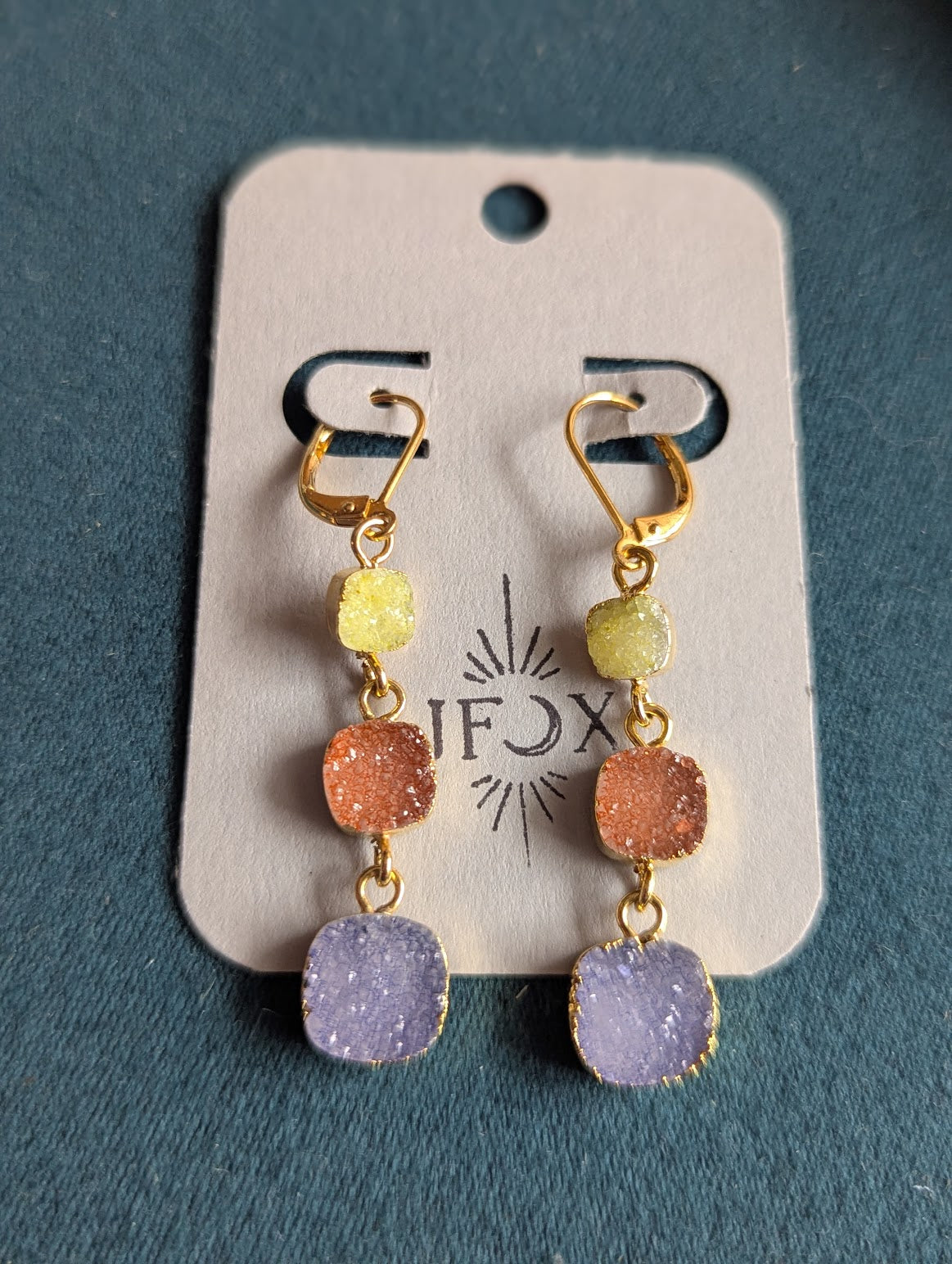 Yellow, Orange, Blue Druzy Trio Gold Hoop Earrlings