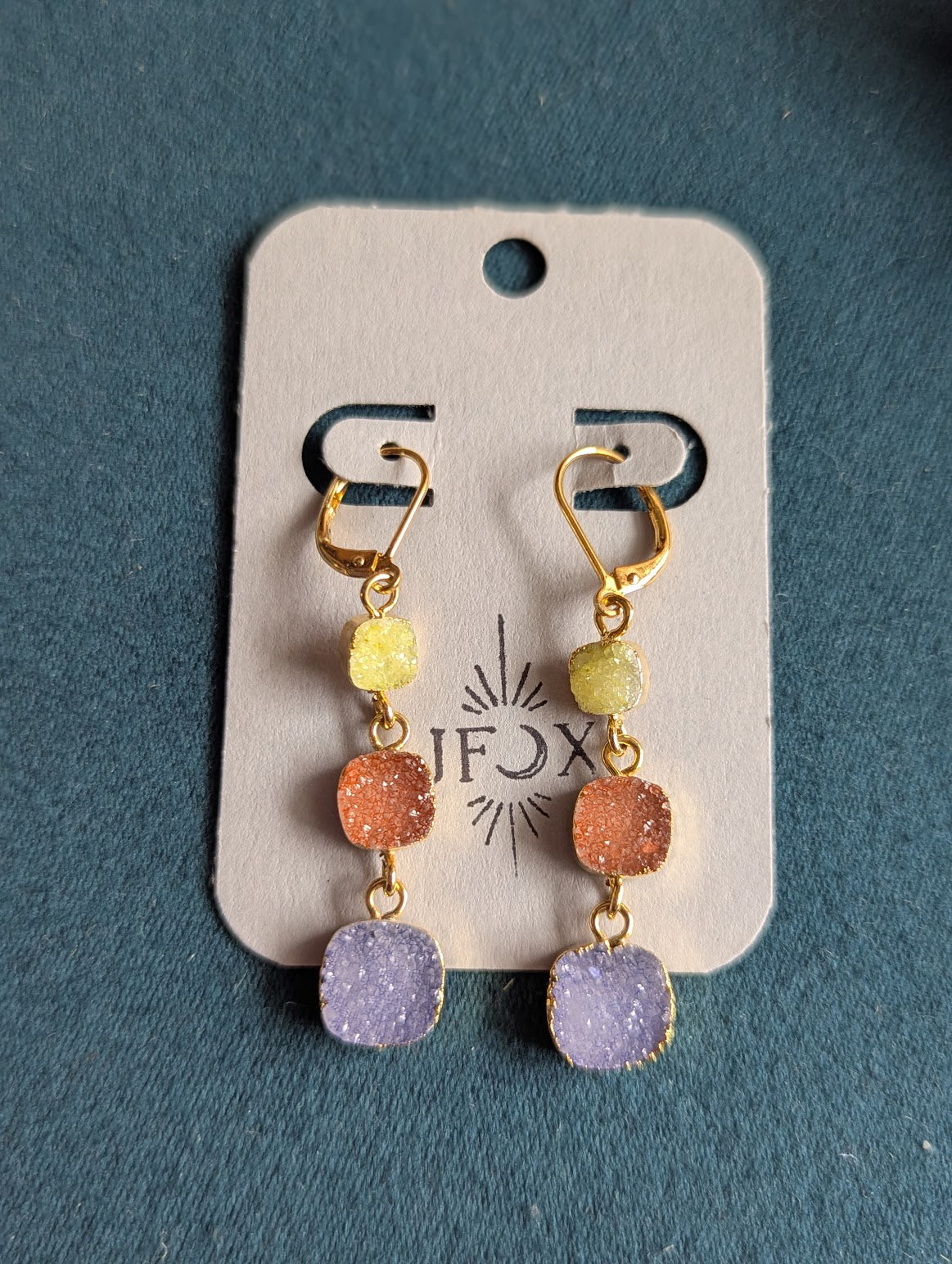Yellow, Orange, Blue Druzy Trio Gold Hoop Earrlings