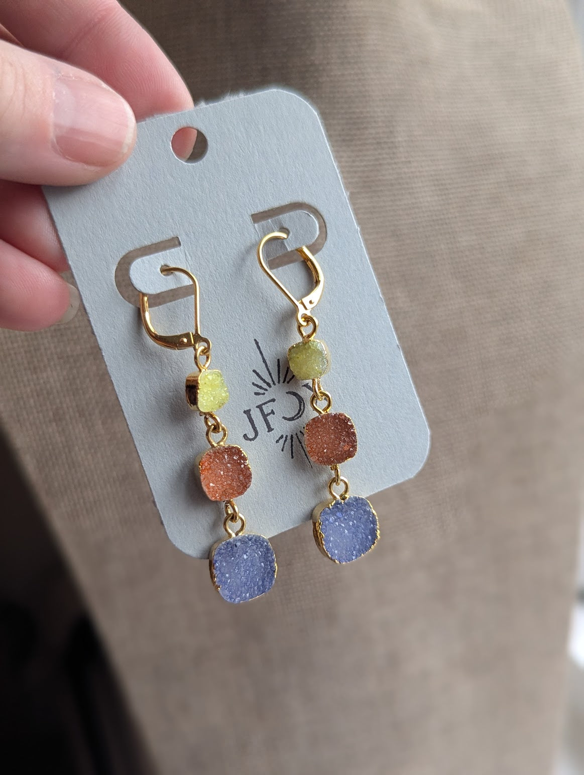 Yellow, Orange, Blue Druzy Trio Gold Hoop Earrlings