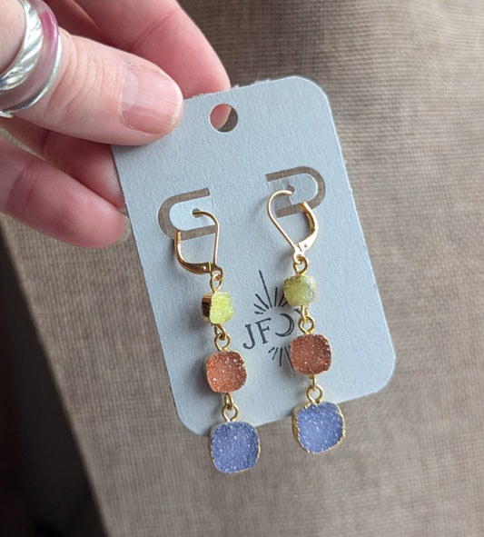Yellow, Orange, Blue Druzy Trio Gold Hoop Earrlings