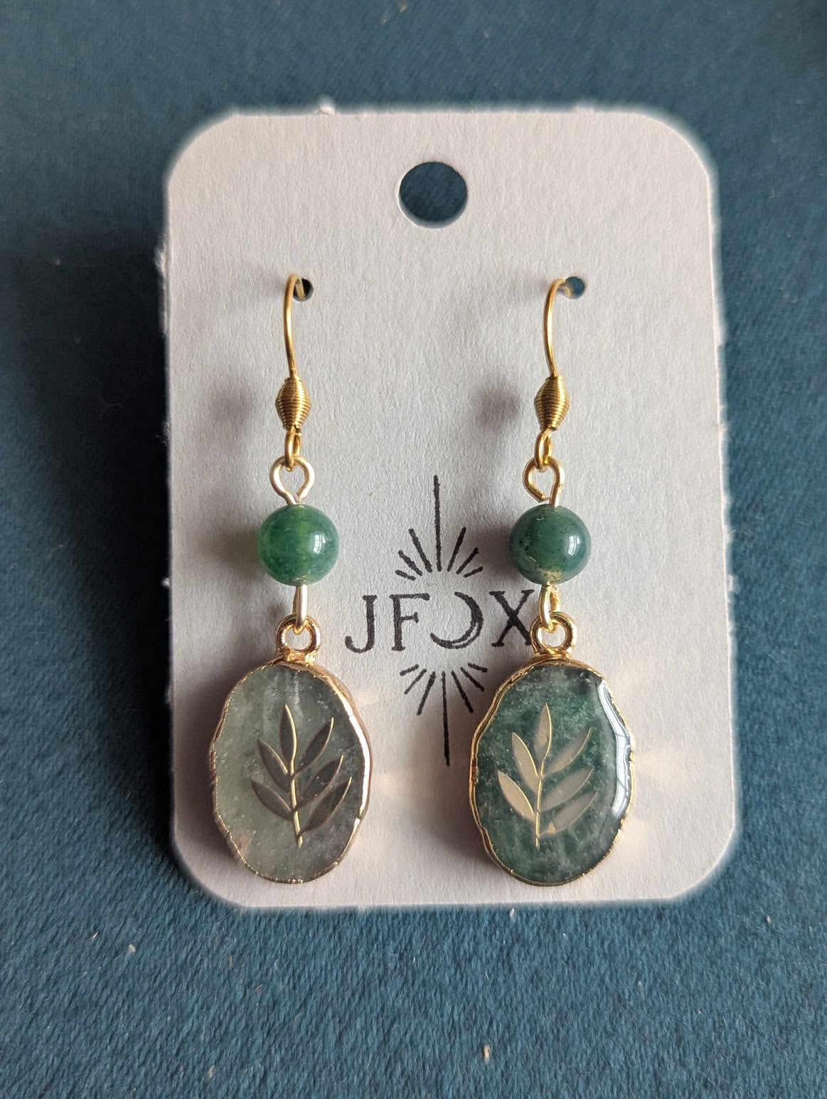 Green Moss Agate Gold Fern Earrings