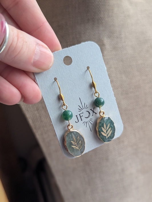 Green Moss Agate Gold Fern Earrings