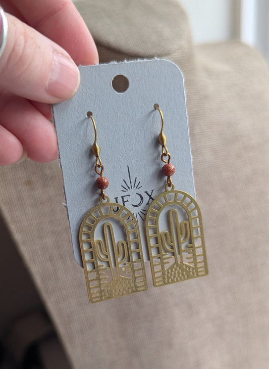 Brass Cactus Red Goldstone Arch Earrings