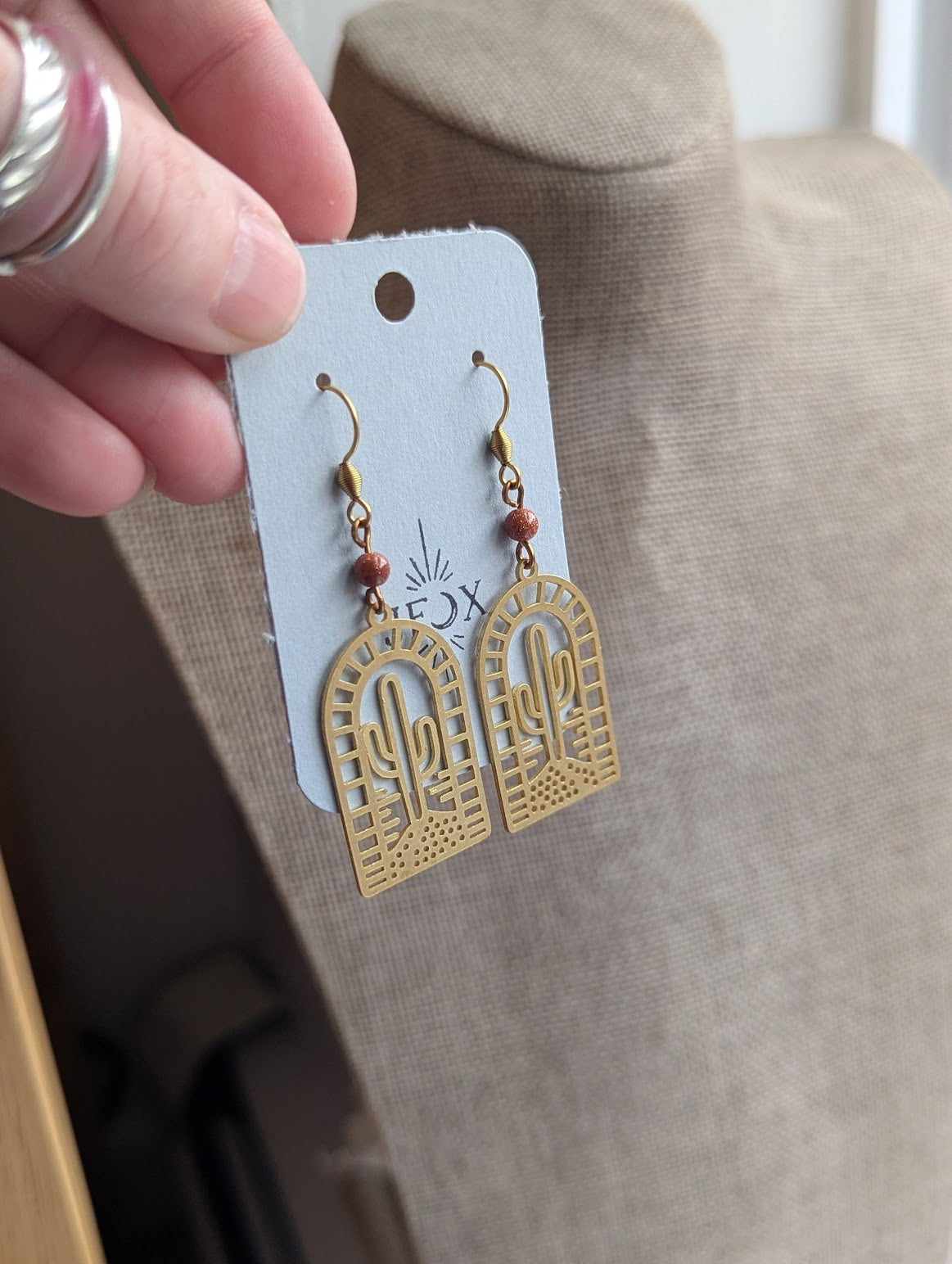 Brass Cactus Red Goldstone Arch Earrings