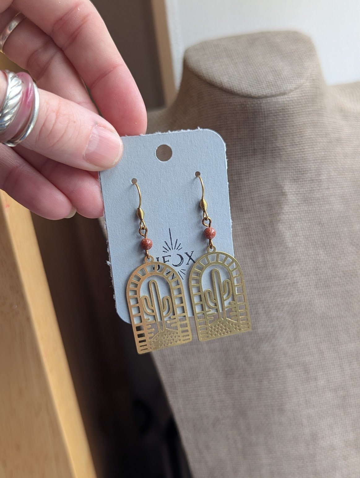 Brass Cactus Red Goldstone Arch Earrings