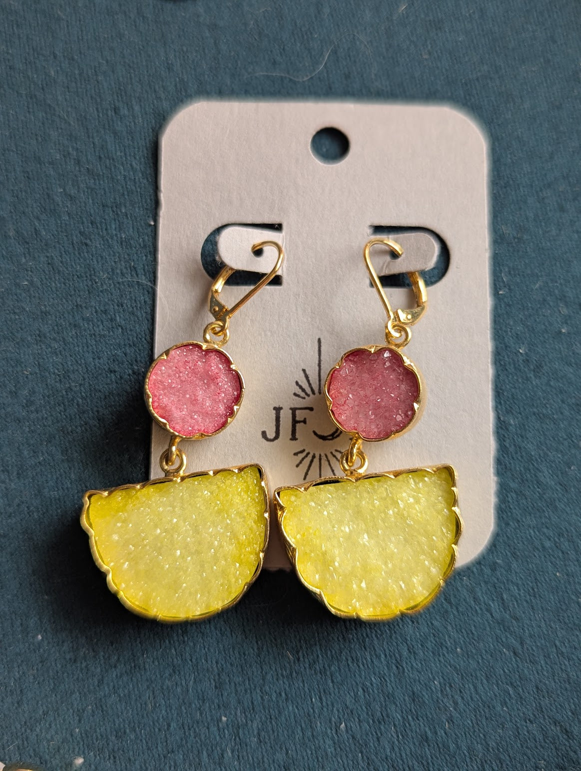 Pink and Yellow Druzy Half Moon Circle Gold Hoops