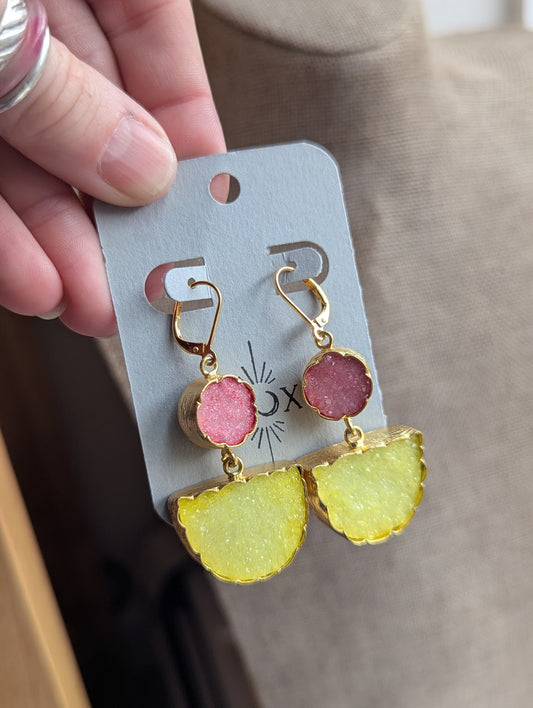 Pink and Yellow Druzy Half Moon Circle Gold Hoops