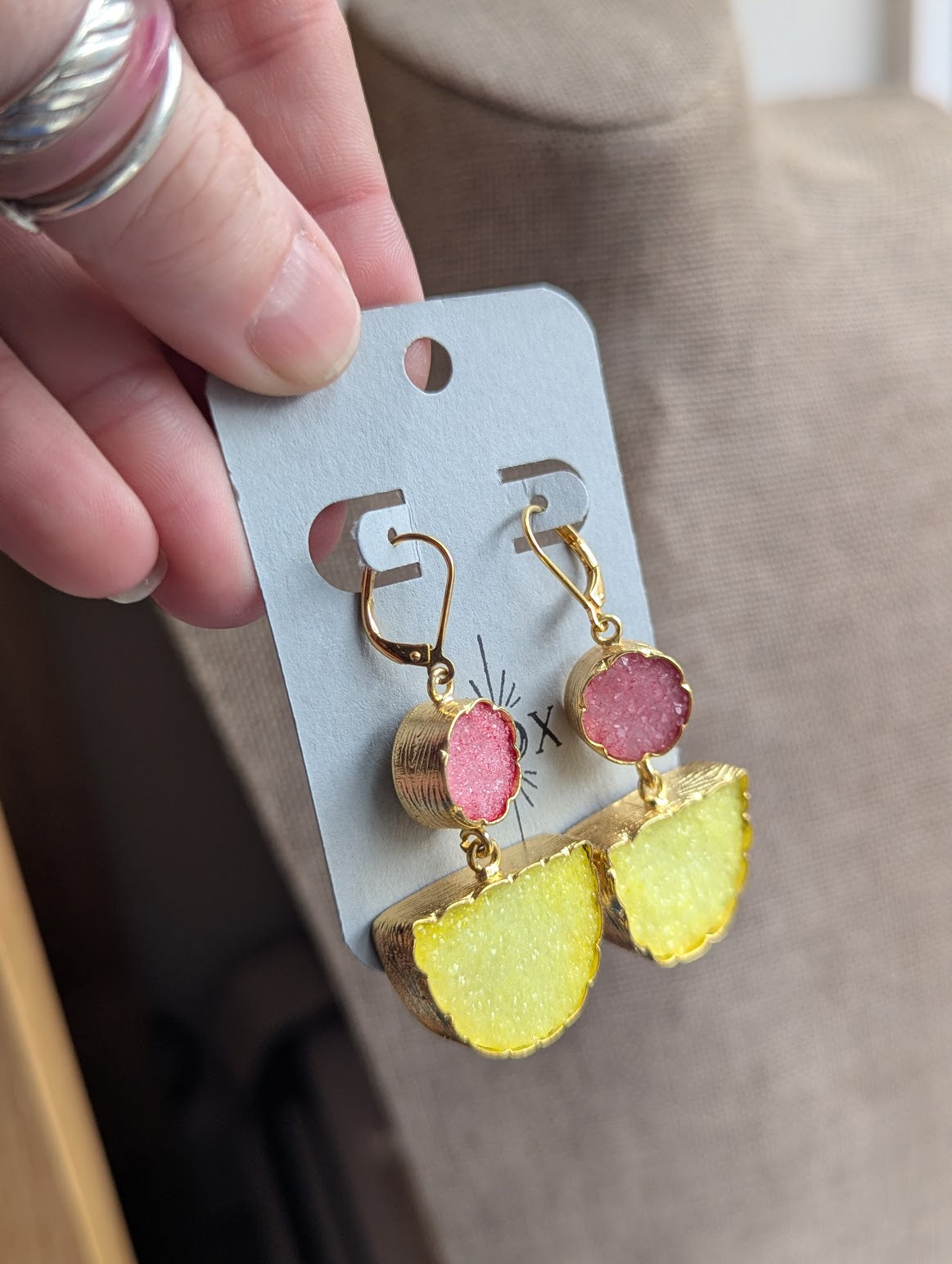 Pink and Yellow Druzy Half Moon Circle Gold Hoops