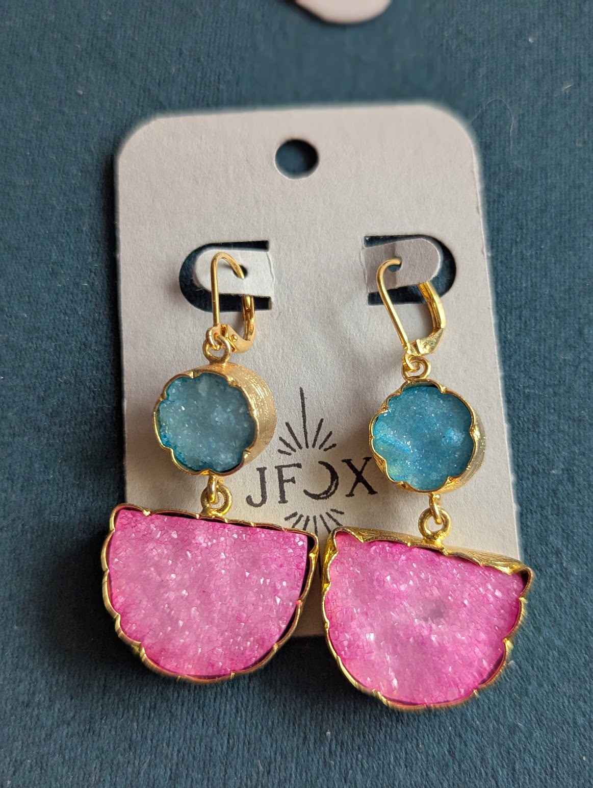 Blue and Pink Druzy Half Moon Circle Gold Hoops