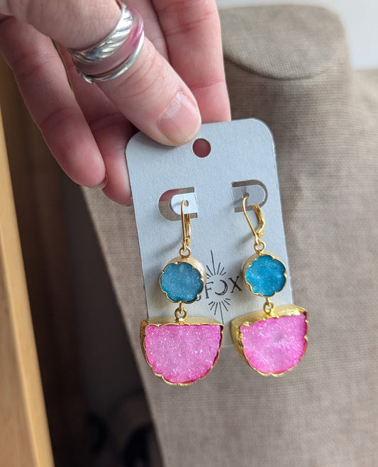 Blue and Pink Druzy Half Moon Circle Gold Hoops