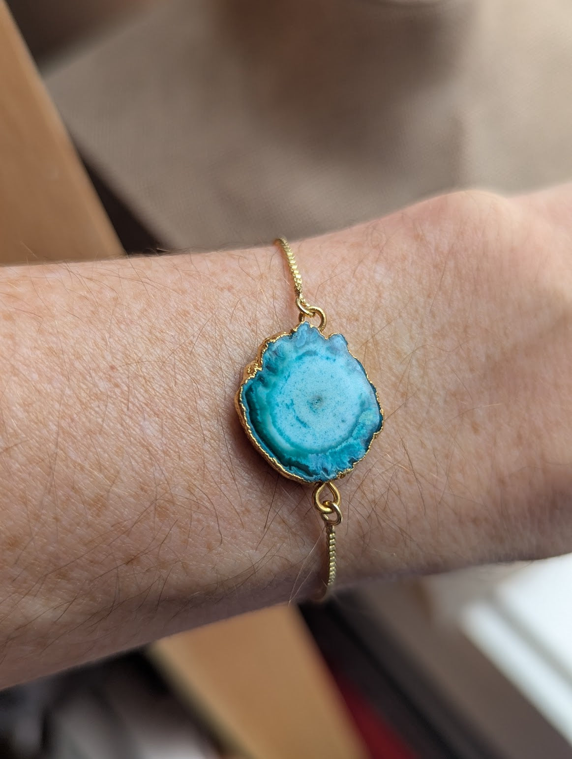 Blue Agate Slice Gold Slider Bracelet