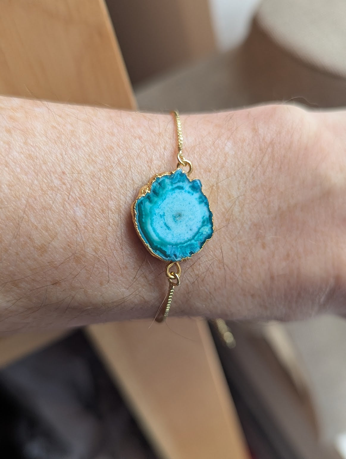 Blue Agate Slice Gold Slider Bracelet