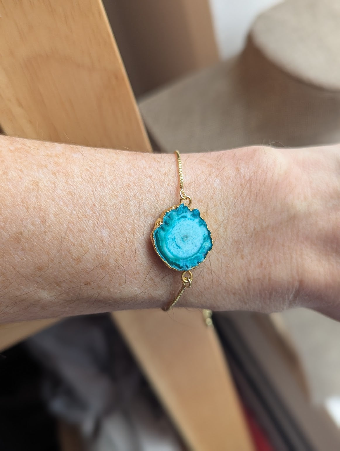 Blue Agate Slice Gold Slider Bracelet