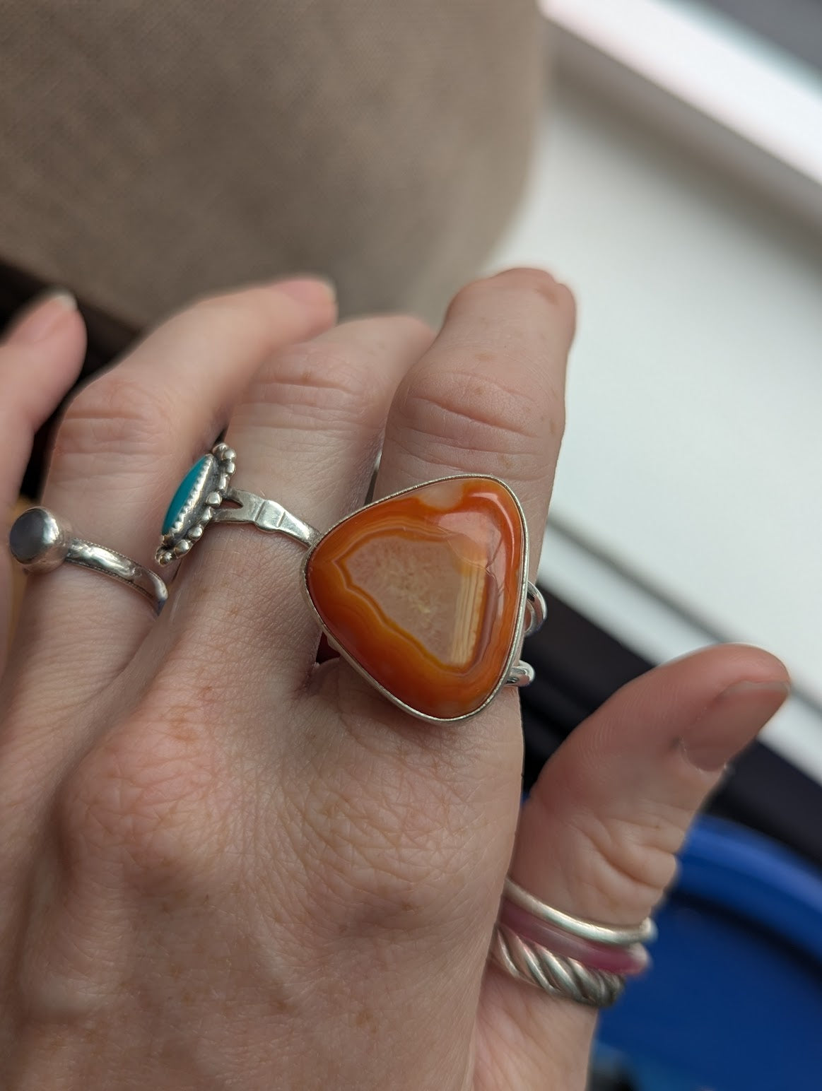 Orange Agate Triangle Silver Ring - Size 8