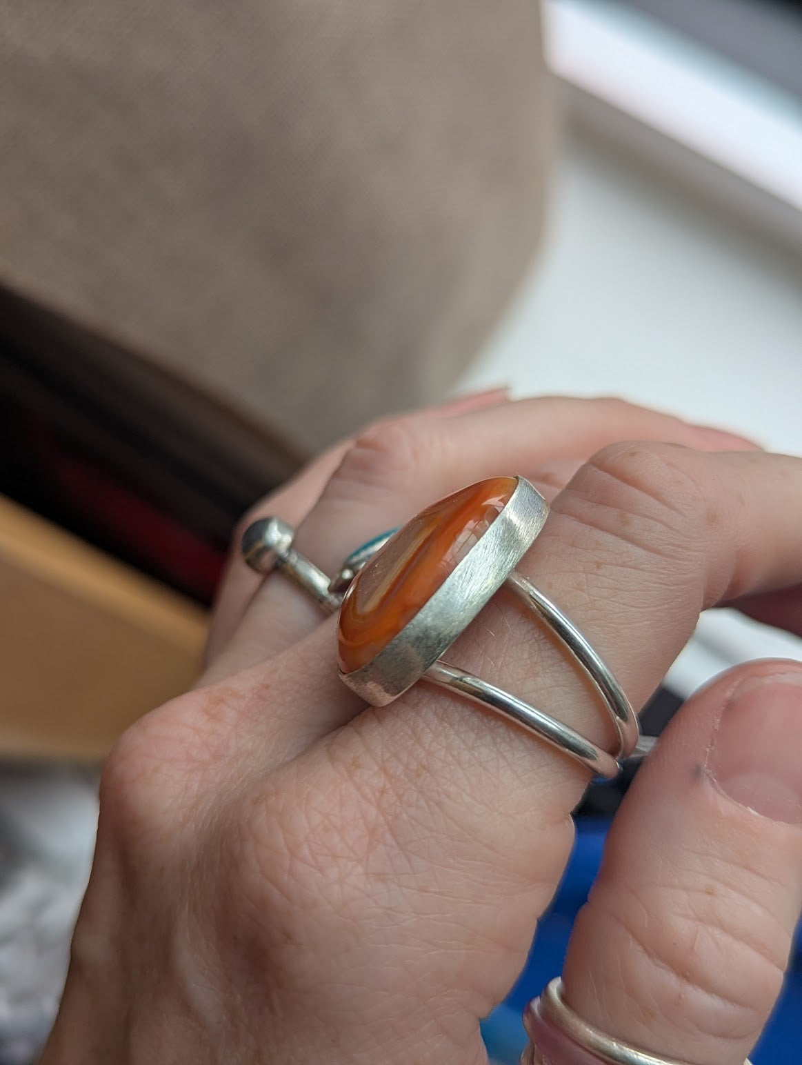 Orange Agate Triangle Silver Ring - Size 8