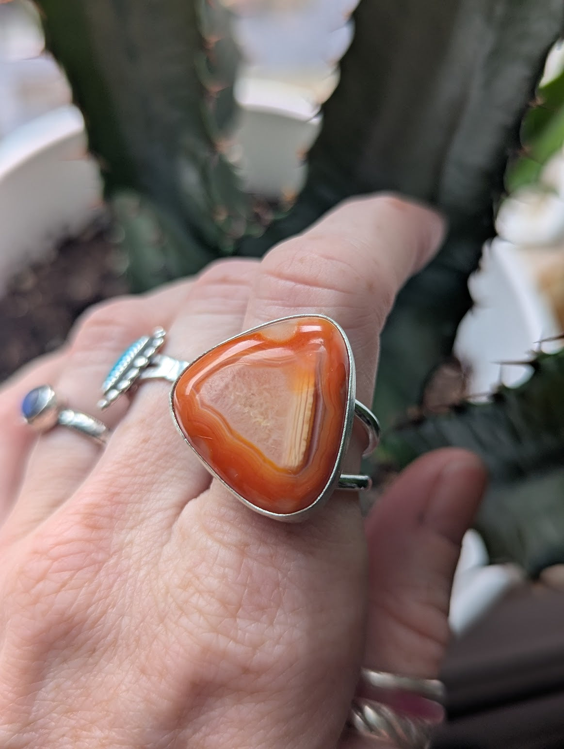 Orange Agate Triangle Silver Ring - Size 8